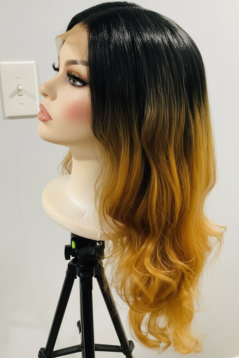 Honey Blonde Ombré Lace Front Wig | Long Wavy Synthetic Hair