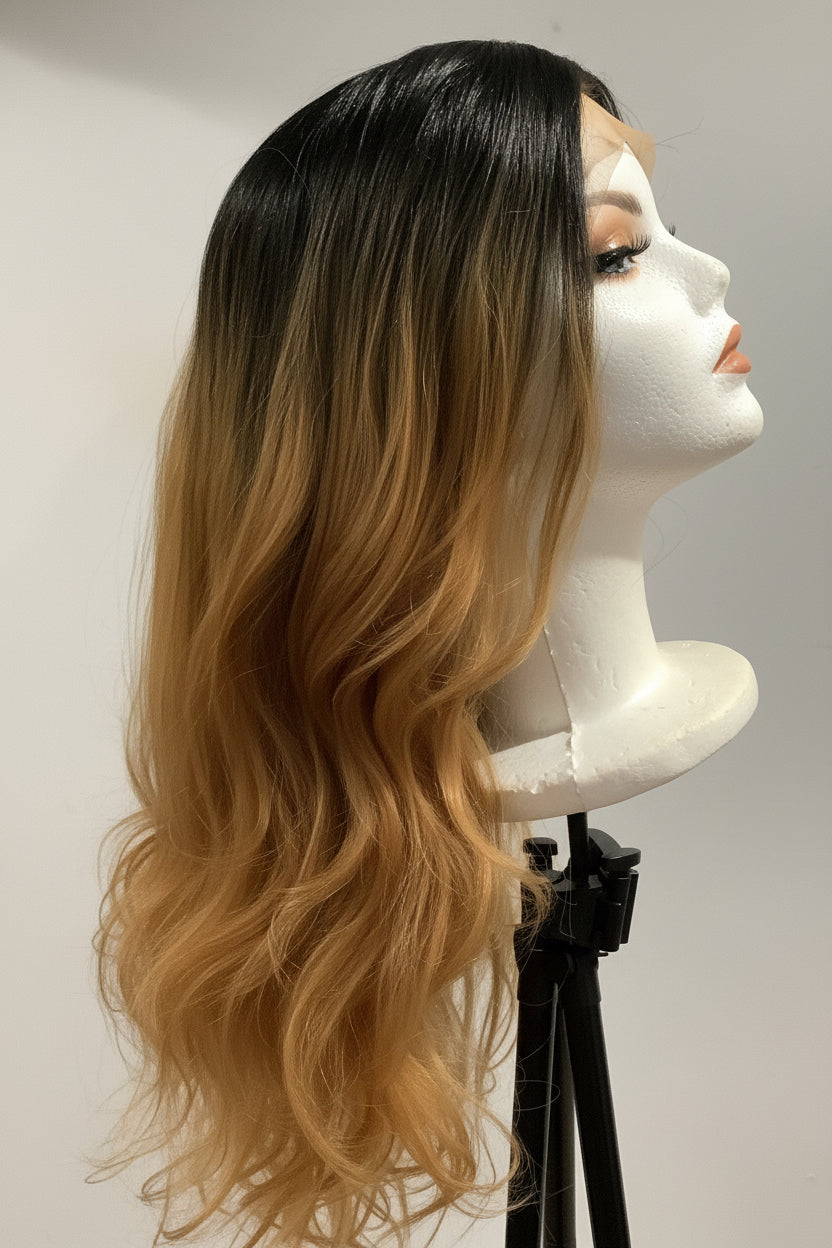 Honey Blonde Ombré Lace Front Wig | Long Wavy Synthetic Hair