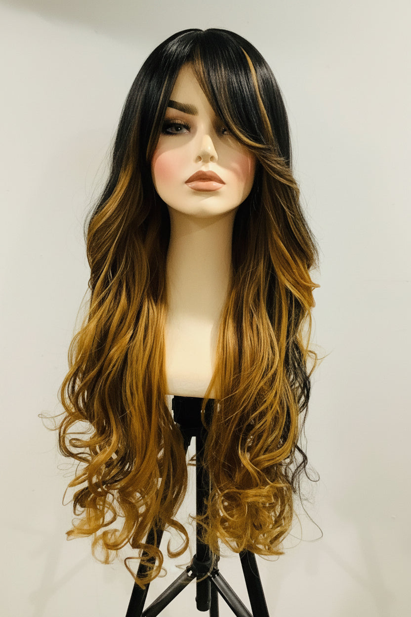 Long Ombré Wig with Bangs | Black & Blonde Human Blend – Pre-Owned