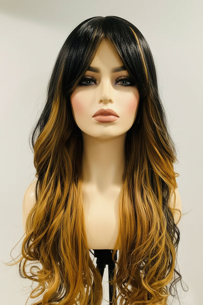 Long Ombré Wig with Bangs | Black & Blonde Human Blend – Pre-Owned