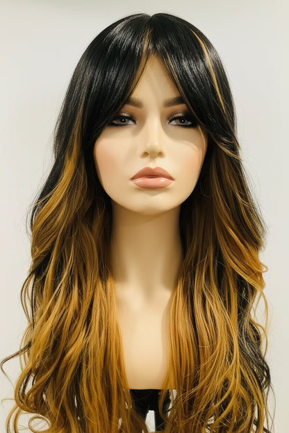 Long Ombré Wig with Bangs | Black & Blonde Human Blend – Pre-Owned