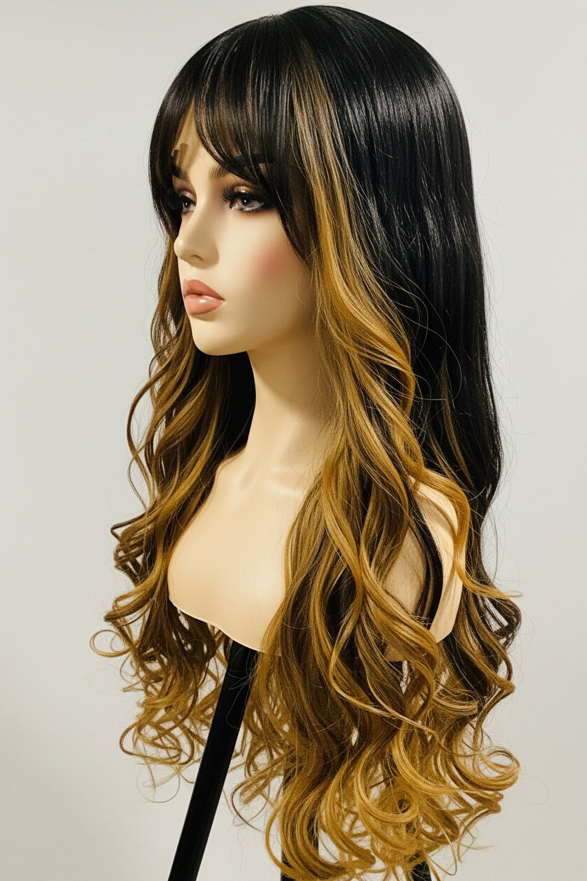 Long Ombré Wig with Bangs | Black & Blonde Human Blend – Pre-Owned