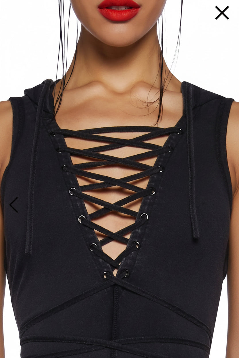 Darker Wavs Lace-Up Hooded Romper by Dolls Kill — Pre-Owned