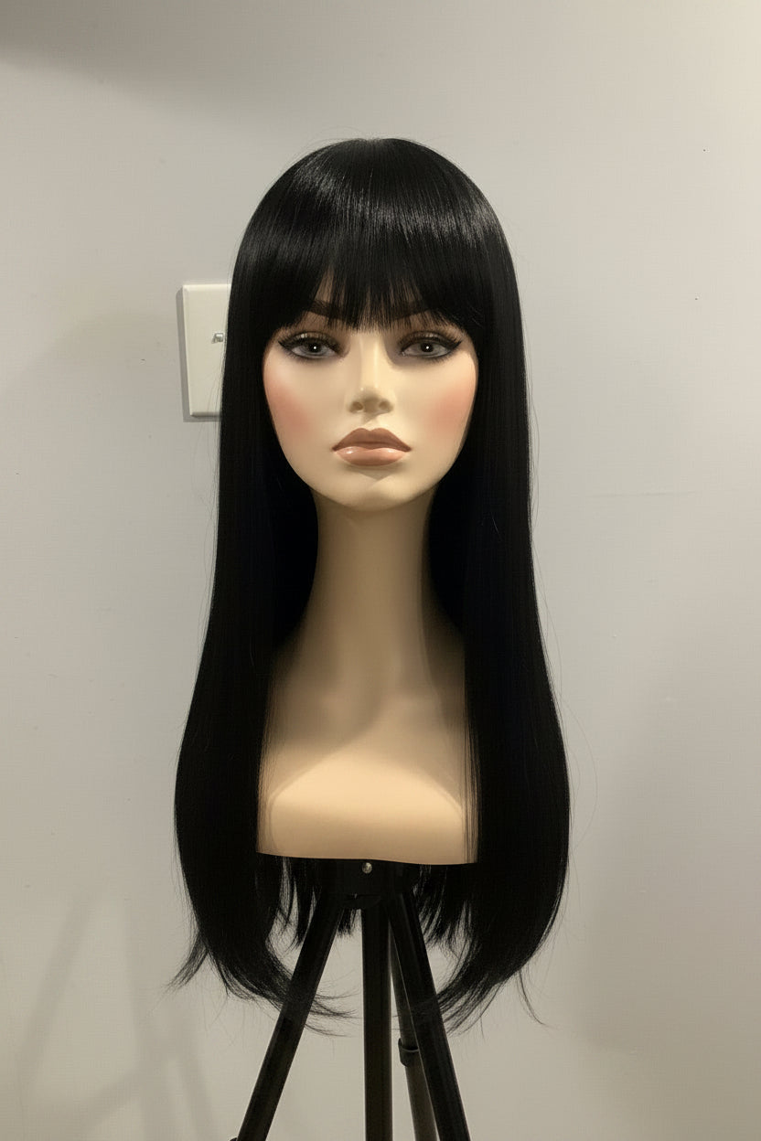 Black Straight Wig with Bangs | Long Heat-Resistant Synthetic Wig for Women