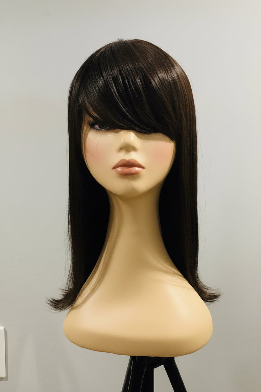Brown Straight Synthetic Wig with Side-Swept Bangs | 16" & 15"