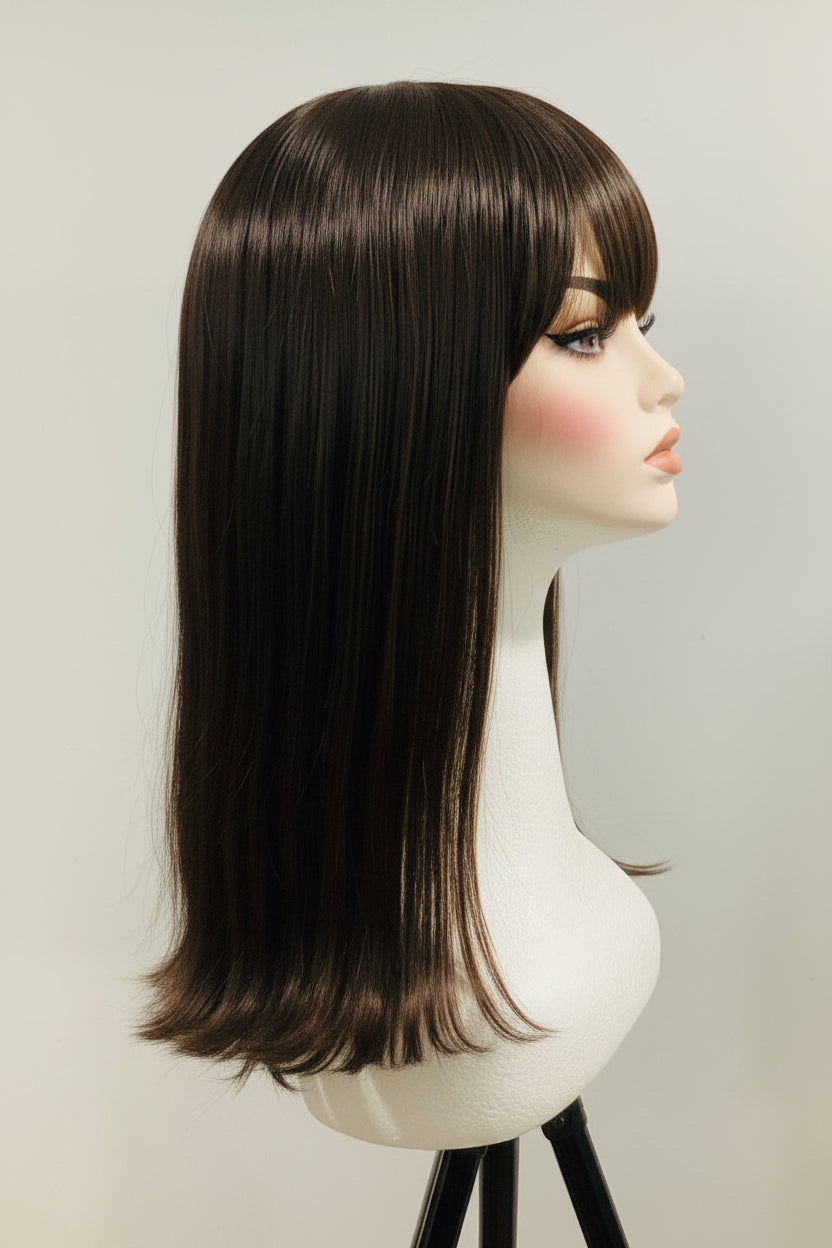 Brown Straight Synthetic Wig with Side-Swept Bangs | 16" & 15"