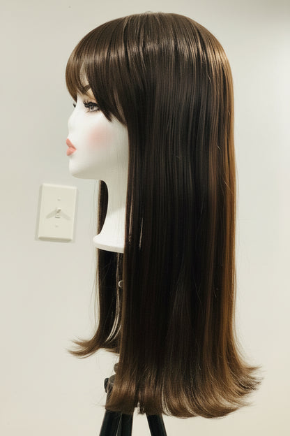 Brown Straight Synthetic Wig with Side-Swept Bangs | 16" & 15"