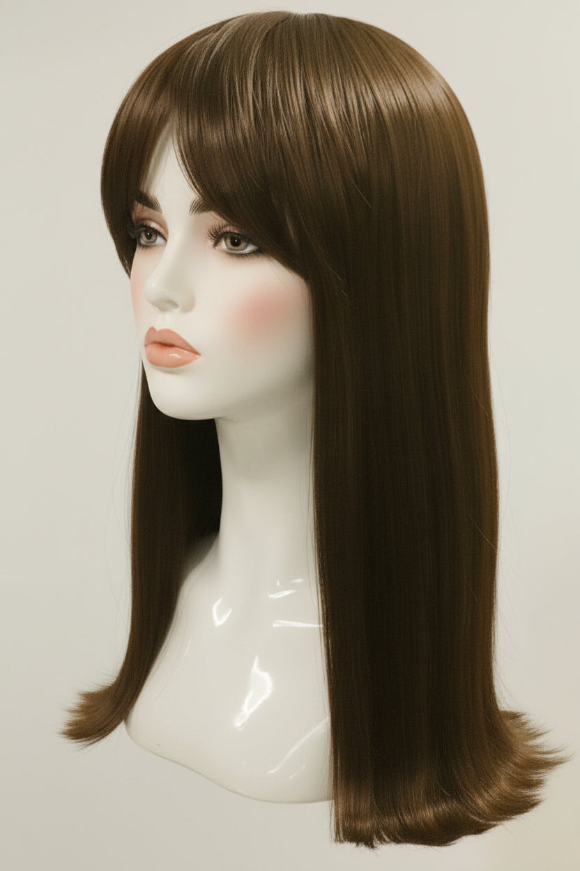 Brown Straight Synthetic Wig with Side-Swept Bangs | 16" & 15"
