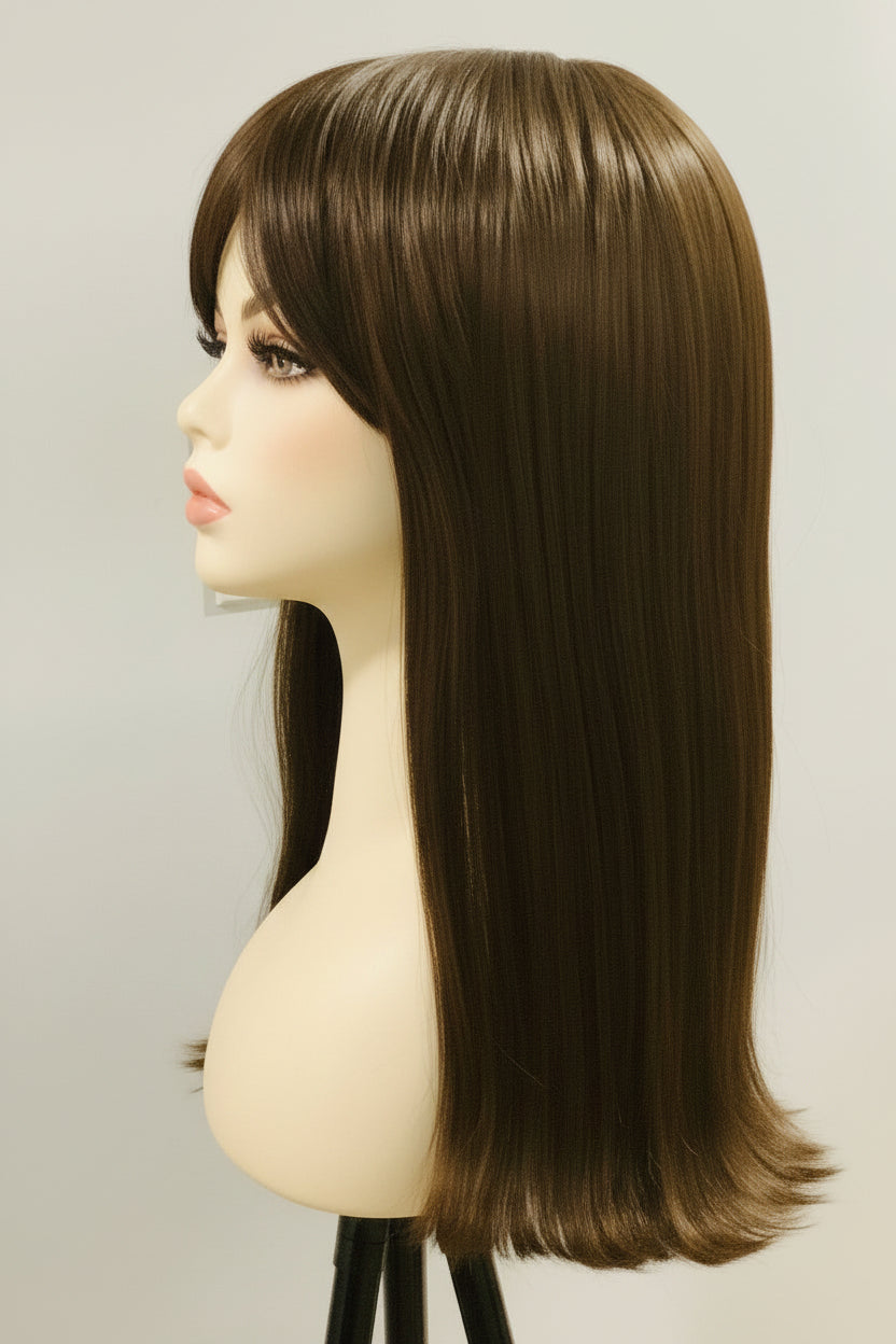 Brown Straight Synthetic Wig with Side-Swept Bangs | 16" & 15"