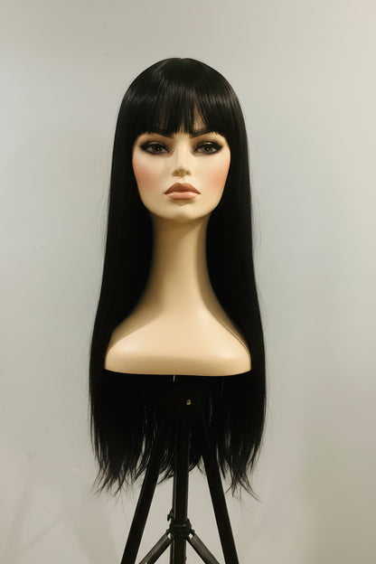 Black Long Straight Wig with Blunt Bangs | Synthetic Human Blend Wig | 27 Inch