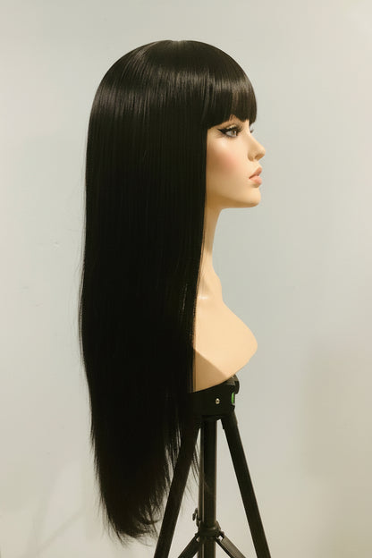 Black Long Straight Wig with Blunt Bangs | Synthetic Human Blend Wig | 27 Inch