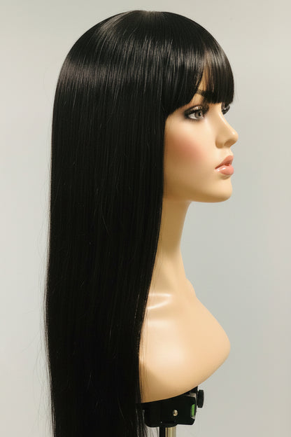 Black Long Straight Wig with Blunt Bangs | Synthetic Human Blend Wig | 27 Inch