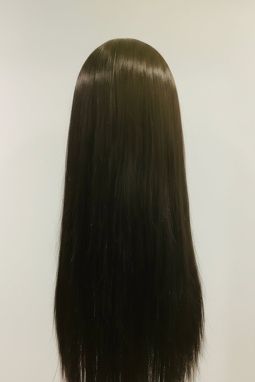 Black Long Straight Wig with Blunt Bangs | Synthetic Human Blend Wig | 27 Inch