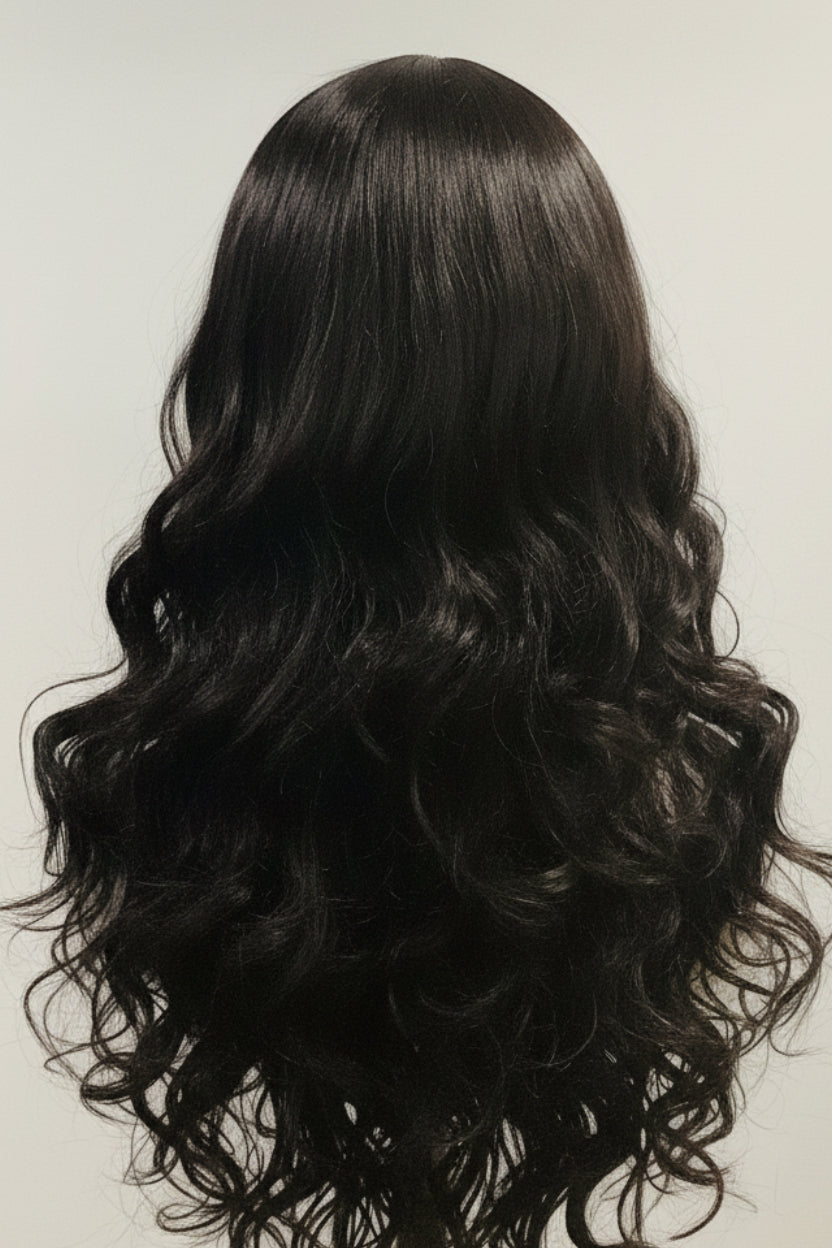 Black Long Straight Wig with Blunt Bangs | Synthetic Human Blend Wig | 27 Inch