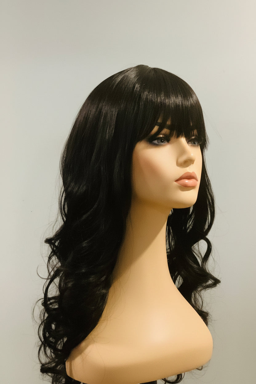 Black Long Straight Wig with Blunt Bangs | Synthetic Human Blend Wig | 27 Inch