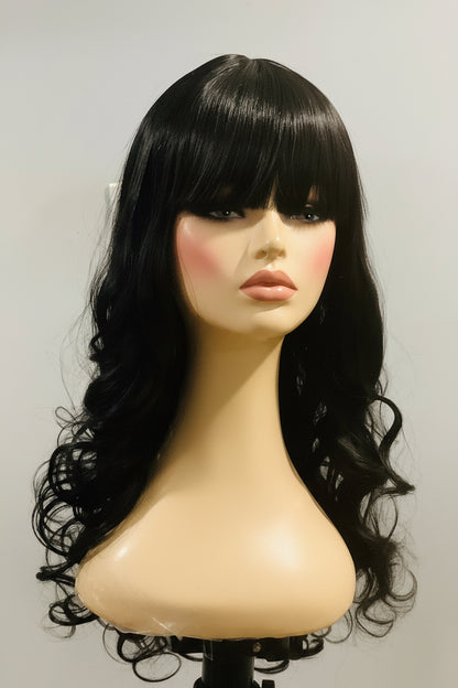 Black Long Straight Wig with Blunt Bangs | Synthetic Human Blend Wig | 27 Inch