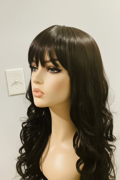 Black Long Straight Wig with Blunt Bangs | Synthetic Human Blend Wig | 27 Inch