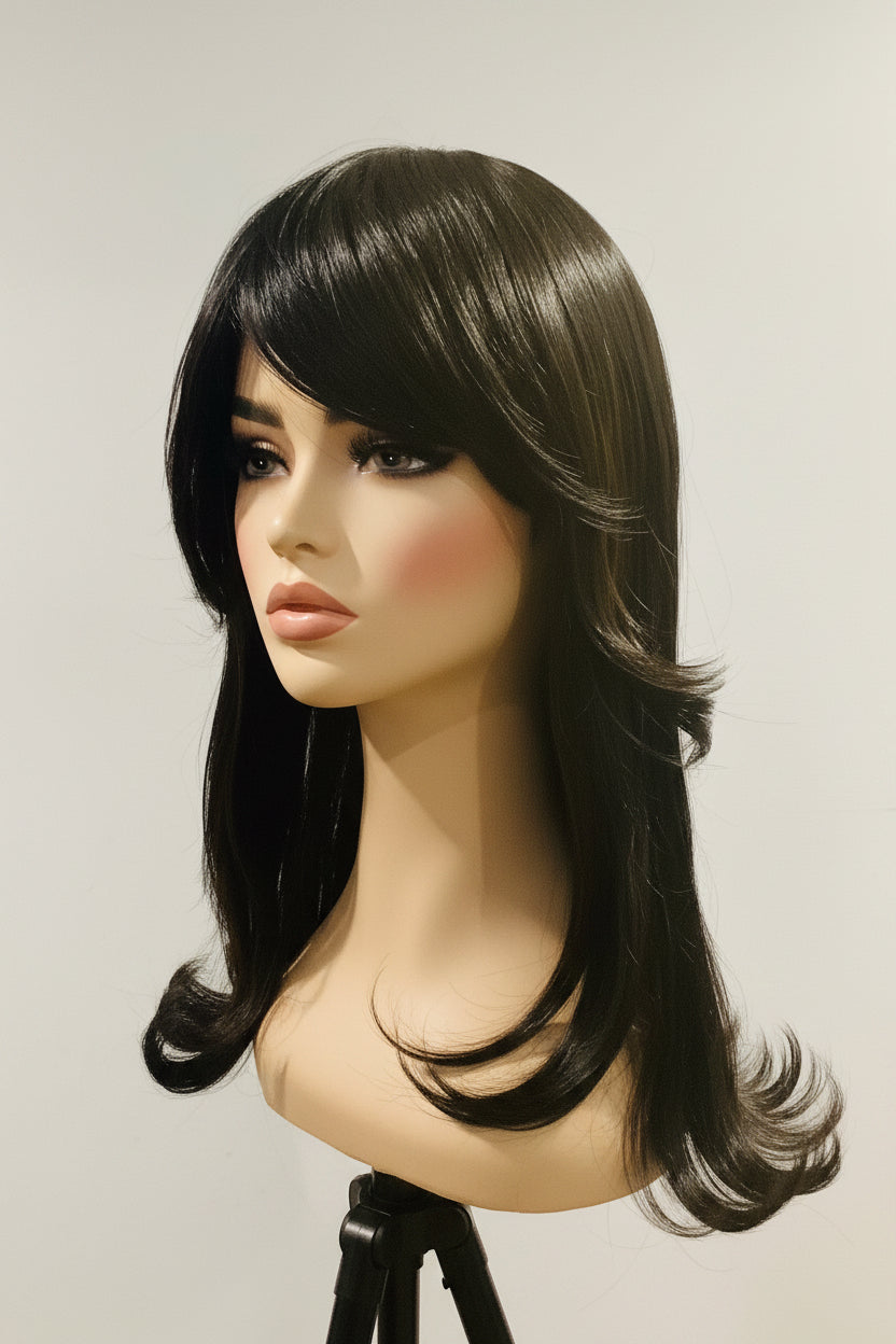Pre-Owned Black & Brown Layered Wig with Flipped Side Bangs | Heat-Friendly Synthetic