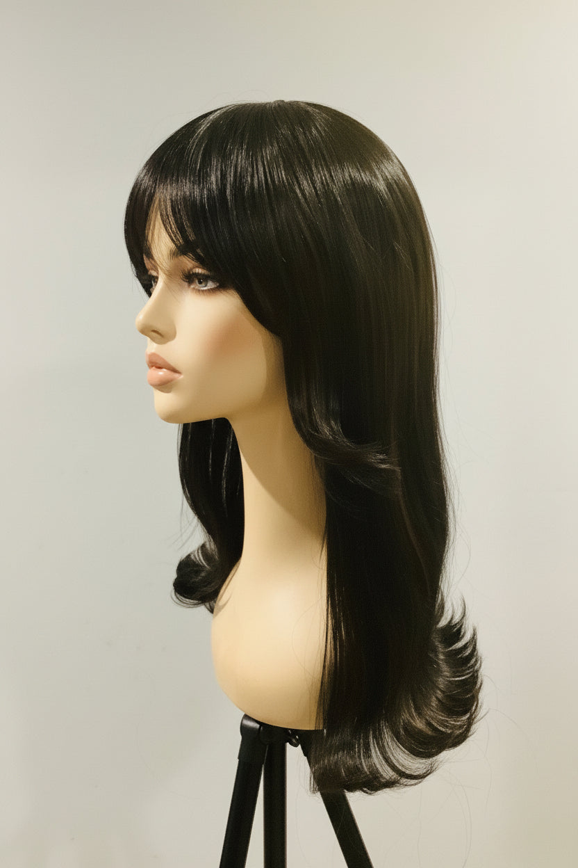 Pre-Owned Black & Brown Layered Wig with Flipped Side Bangs | Heat-Friendly Synthetic