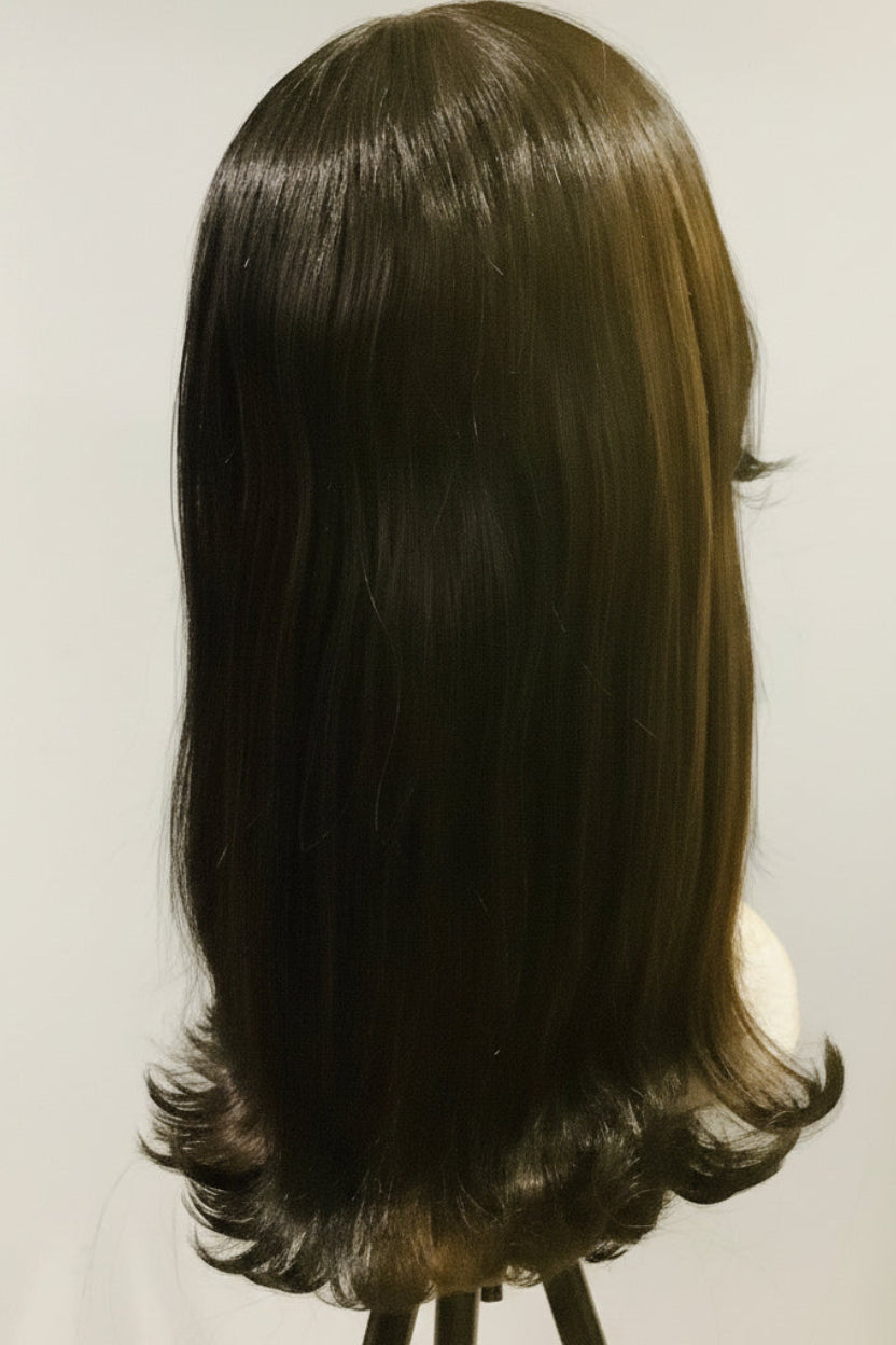 Pre-Owned Black & Brown Layered Wig with Flipped Side Bangs | Heat-Friendly Synthetic