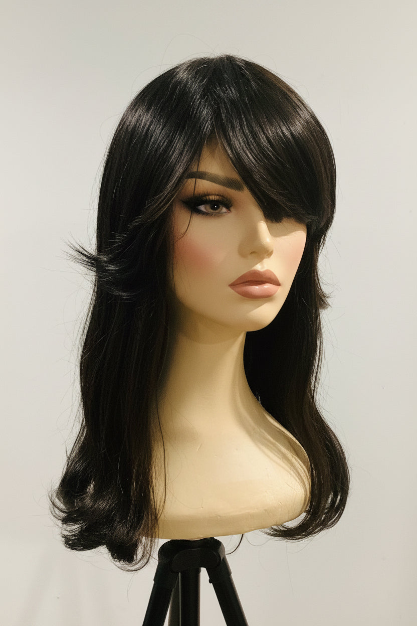 Pre-Owned Black & Brown Layered Wig with Flipped Side Bangs | Heat-Friendly Synthetic