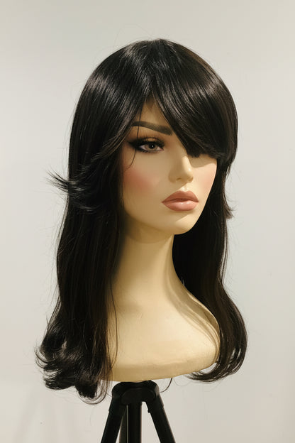 Pre-Owned Black & Brown Layered Wig with Flipped Side Bangs | Heat-Friendly Synthetic