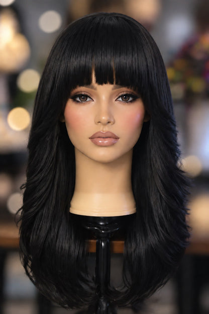 Long Straight Layered Wig with Bangs – 25 Inch | Synthetic Wig