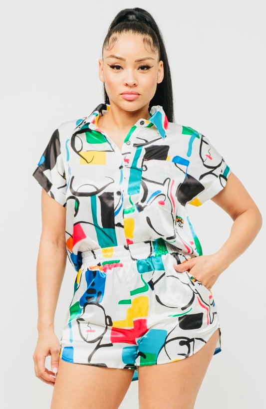 Satin Dolman Print Button Down Top & Shorts Set