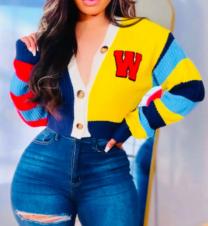 Color Block Crop Sweater Cardigan