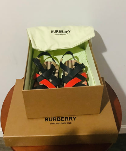 Burberry: Girls Jane Check Slingbacks Sandals Beige Red & Black-Used