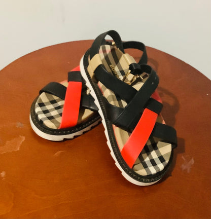 Burberry: Girls Jane Check Slingbacks Sandals Beige Red & Black-Used