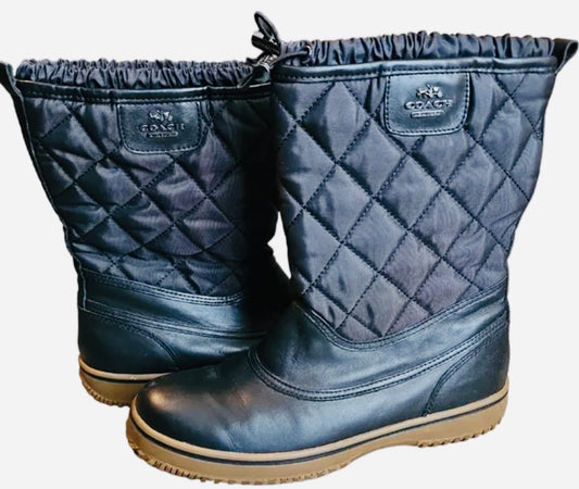 COACH: Samara Black Leather Quilted Nylon Mid Calf Boots Women's