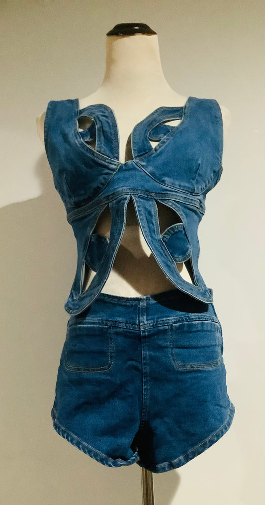 Fashion Nova: Butterfly Wish Denim Short Set-Pre-Owned