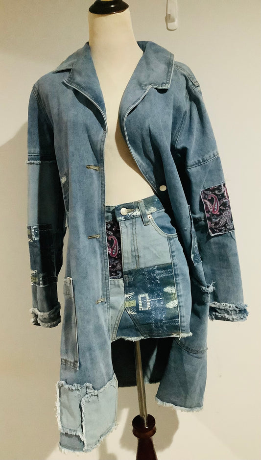 Fashion Nova: New Paisley Patchwork Denim Skirt Set Medium Wash