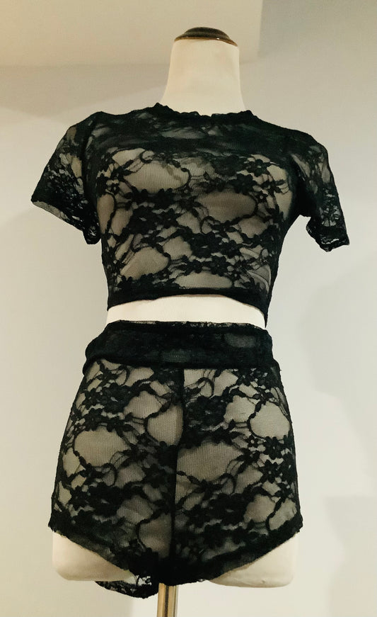 Yellow Cabbage: New Lace Short Sleeve Crop Short Set