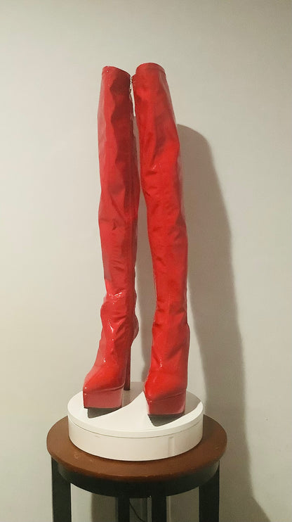 Dolls Kill: Thigh High Red Platform High Over The Knee Boots-Pre-Owned