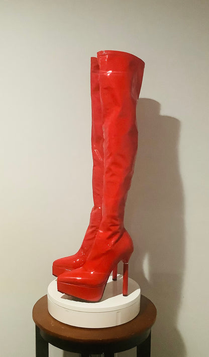 Dolls Kill: Thigh High Red Platform High Over The Knee Boots-Pre-Owned