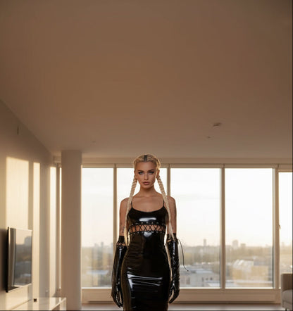 Club Exx Black Vinyl Bodycon Dress & Glove Set – Women's Mini Dress