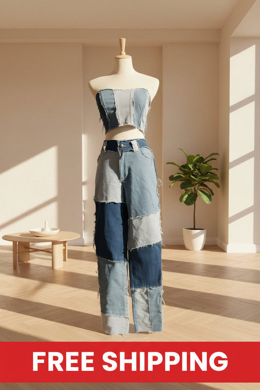 Patchwork Denim Bustier Set — Pre-Owned | Belle Allure Collection