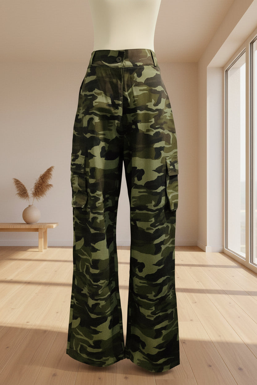 Camo Print Wide Leg Cargo Trousers – Women's Khaki Utility Pants | Belle Allure Collection