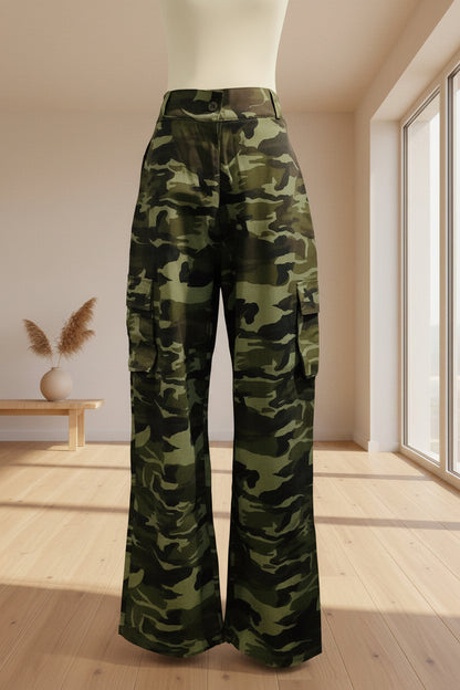 Camo Print Wide Leg Cargo Trousers – Women's Khaki Utility Pants | Belle Allure Collection