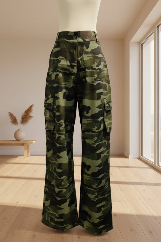 Camo Print Wide Leg Cargo Trousers – Women's Khaki Utility Pants | Belle Allure Collection