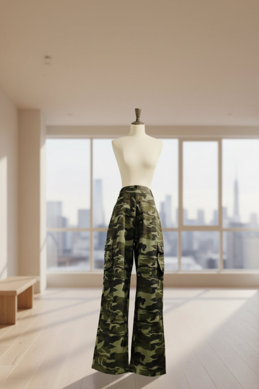 Camo Print Wide Leg Cargo Trousers – Women's Khaki Utility Pants | Belle Allure Collection