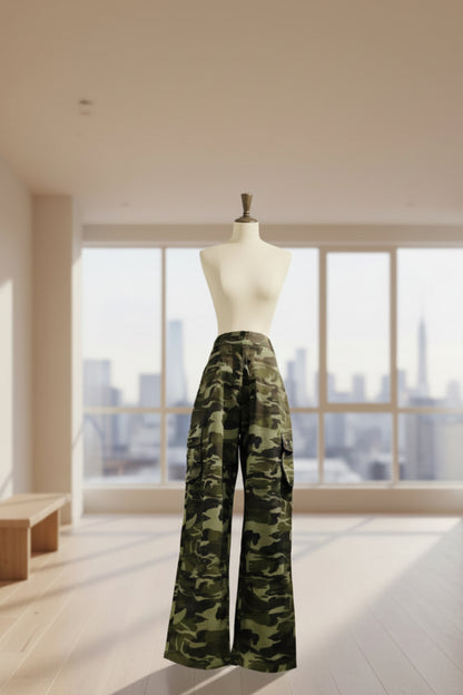 Camo Print Wide Leg Cargo Trousers – Women's Khaki Utility Pants | Belle Allure Collection