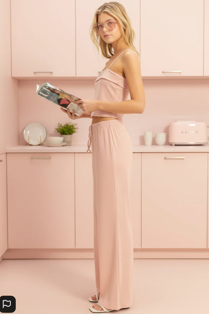 Ribbed Knit Cami Top & Pants Lounge Set – Peach