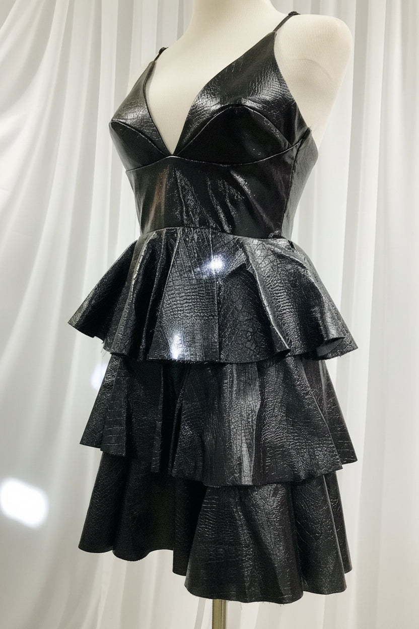 Black Ruffled Faux Leather Fit & Flare Mini Dress