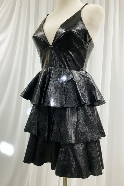 Black Ruffled Faux Leather Fit & Flare Mini Dress