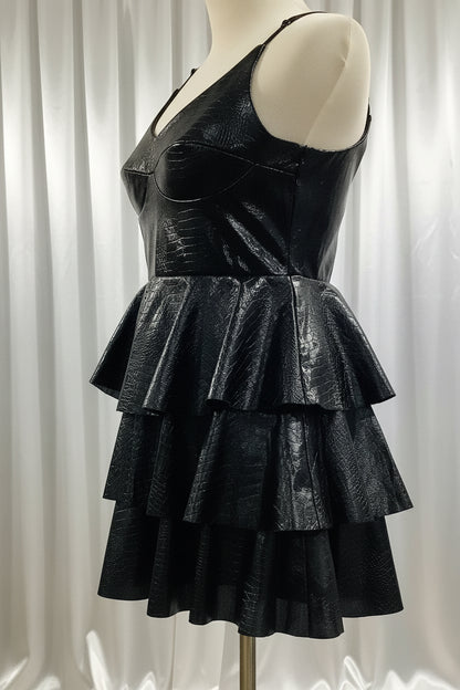 Black Ruffled Faux Leather Fit & Flare Mini Dress