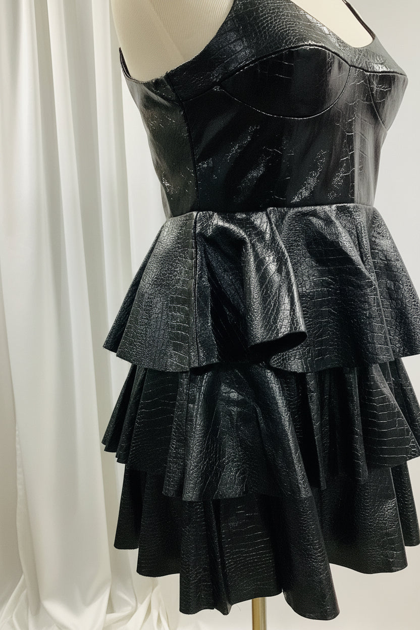 Black Ruffled Faux Leather Fit & Flare Mini Dress