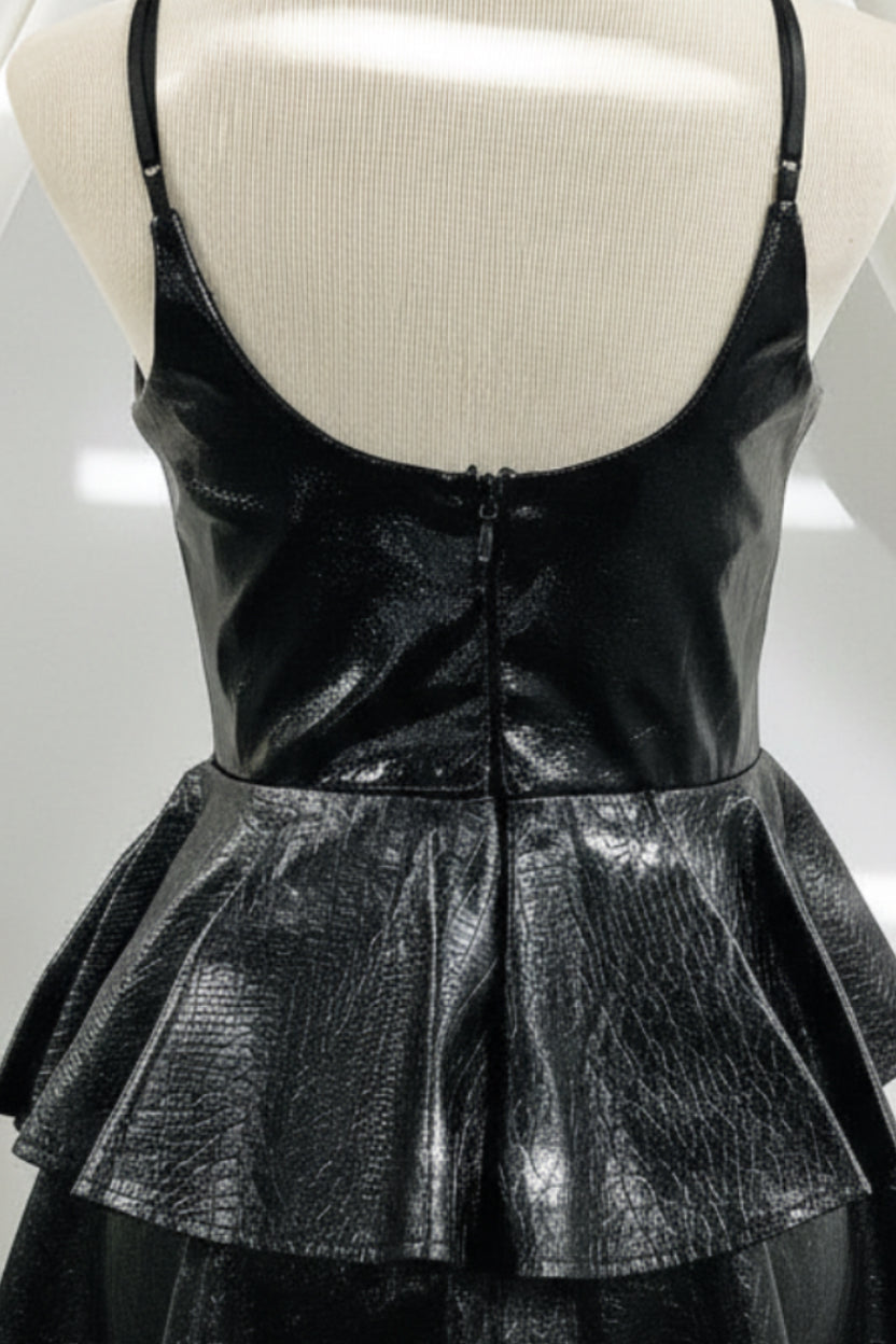 Black Ruffled Faux Leather Fit & Flare Mini Dress